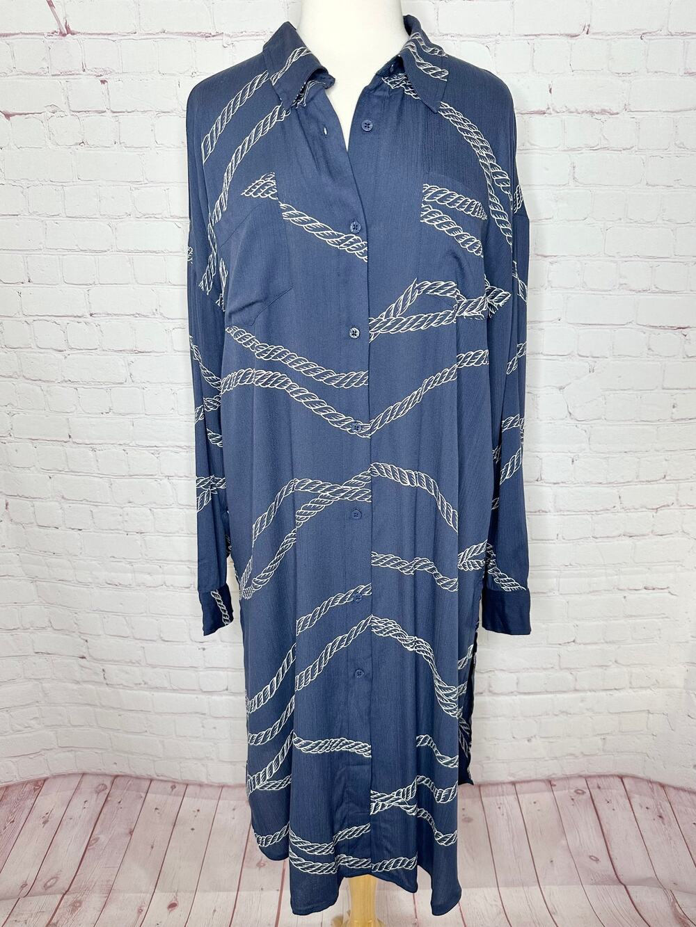 Venus Navy Blue Shirt Dress Coverup Womens Large Nautical Rope Swim Coastal Chic
